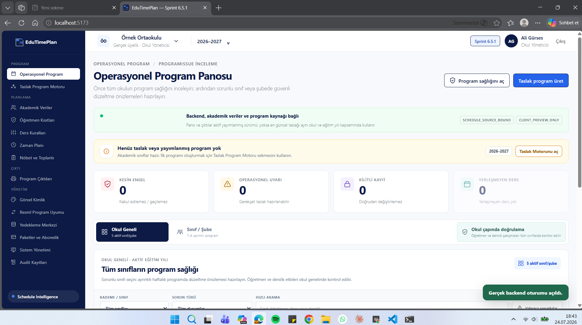 EduTimePlan okul geneli program sağlık panosu